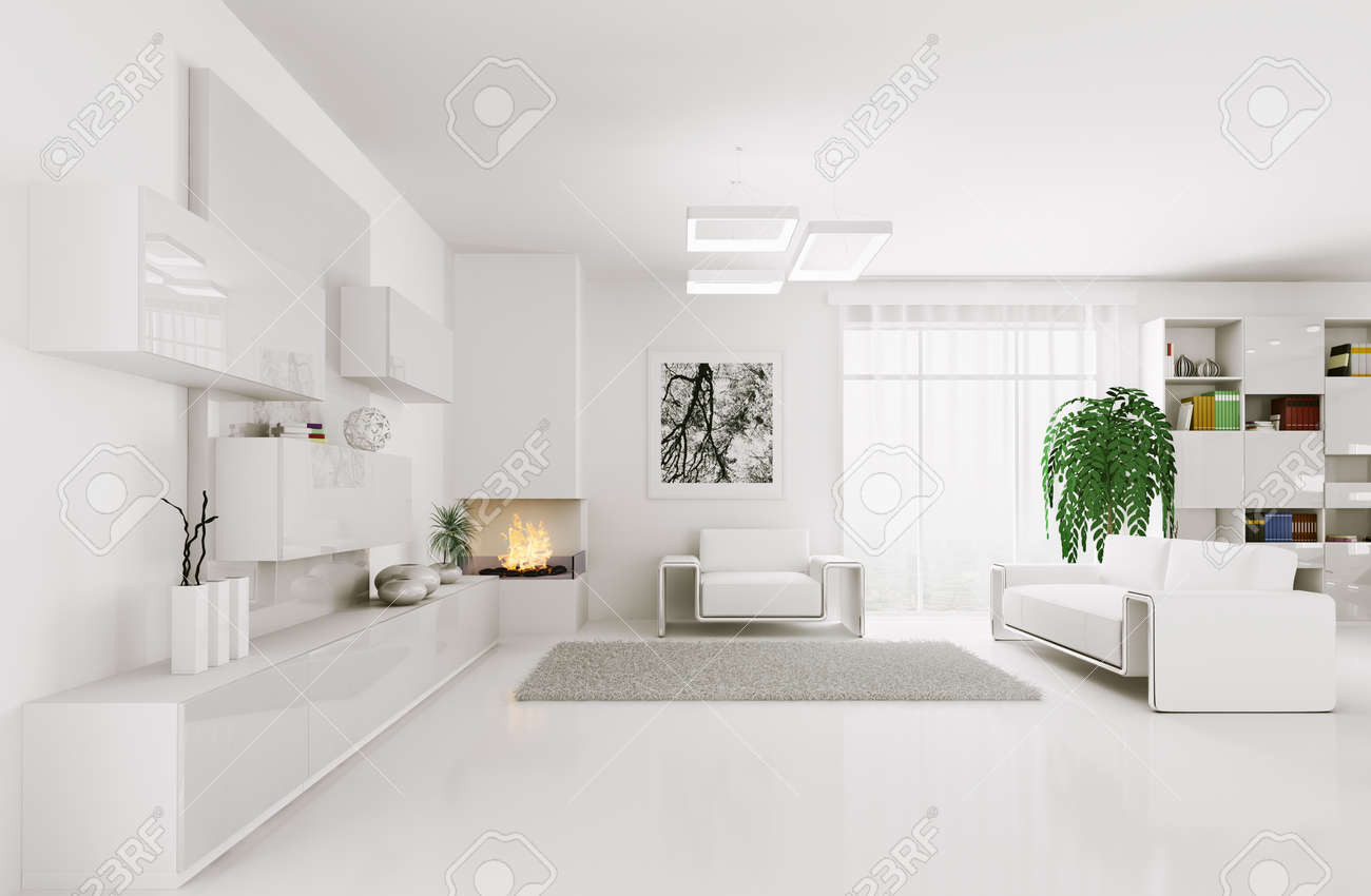 Interior Of Modern Weiß Wohnzimmer 3D Render Lizenzfreie Fotos throughout Modernes Wohnzimmer Weiß