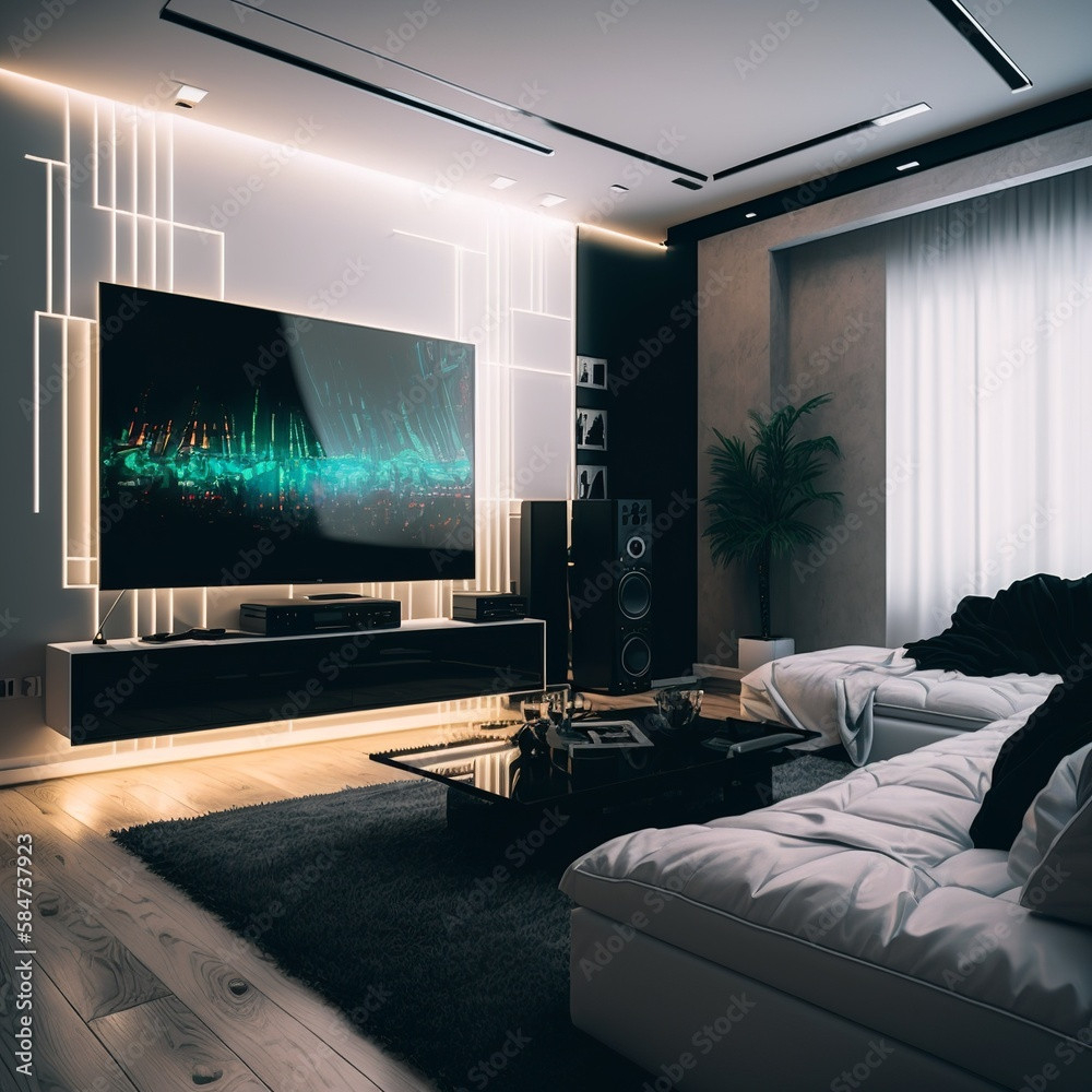 Modern Living Room Interior With Sofa And Large Tv Screen On The inside Led Strips Wohnzimmer