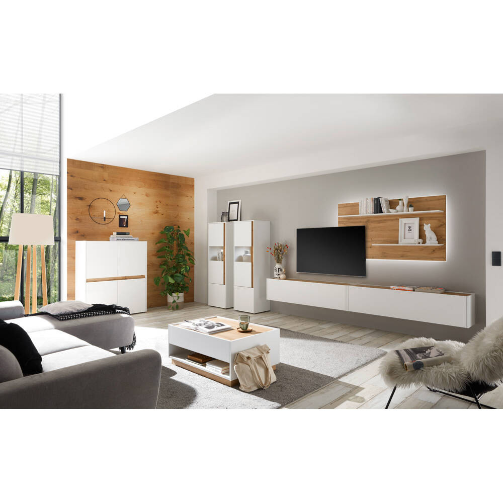 Modernes Wohnzimmer Set Crisp-61 In Weiß Mit Absetzungen In Wotan Eich throughout Modernes Wohnzimmer Weiß